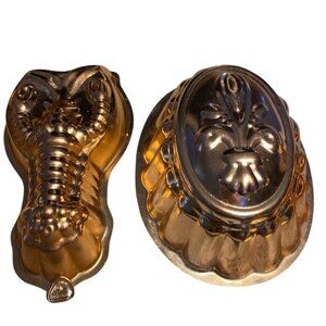 Vintage Copper Aluminum (2) Fluted Lobster & FLUER De Lis Mold Hang-Hong Kong